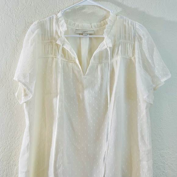 Loft Ruffle Neckline Short Sleeve Blouse Women Size Small White - Picture 6 of 14